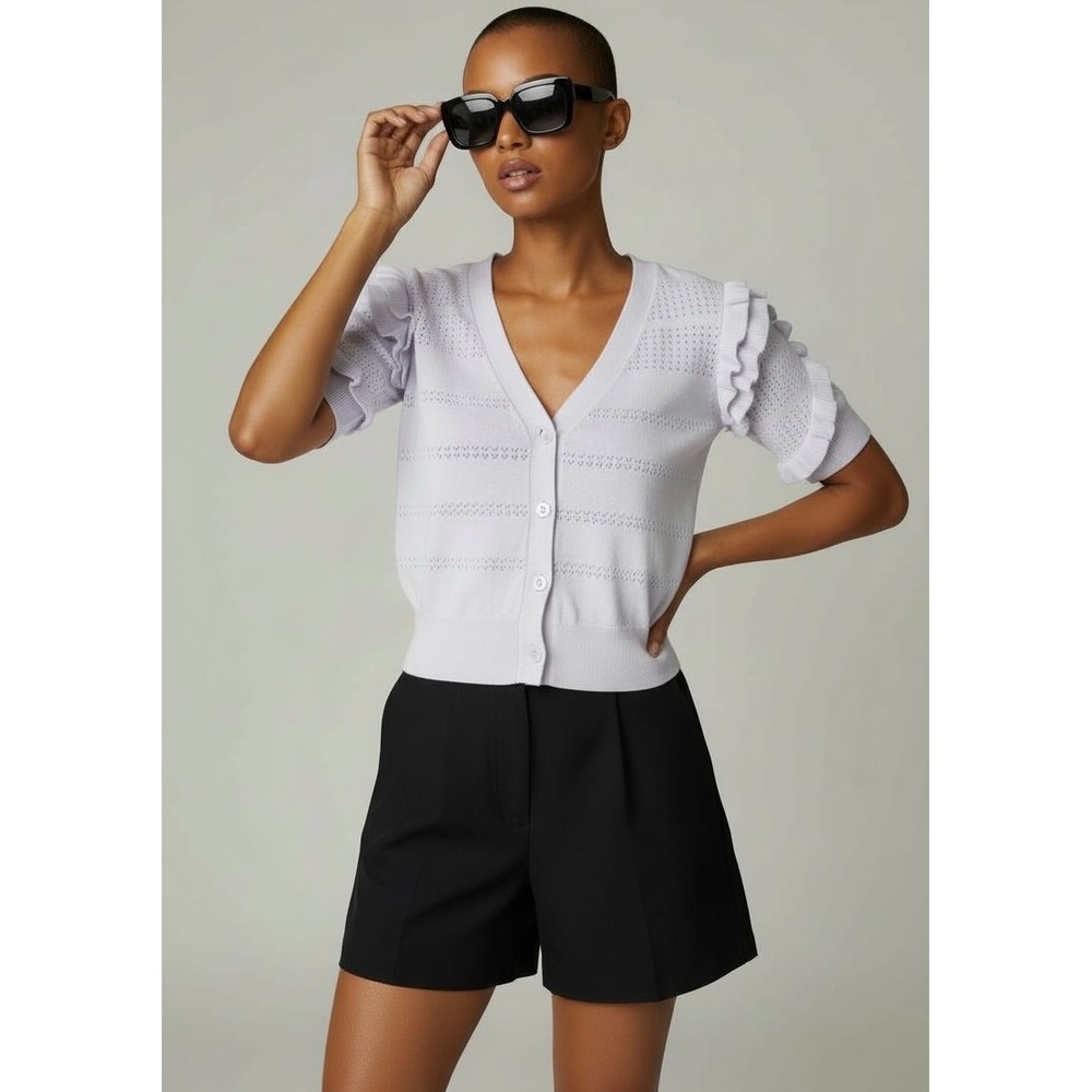 NEW‎ White Short Sleeve Small Ruffle Sleeve Knit Cardigan Sweater Womens